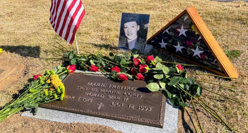 Grave marker of World War II veteran Staff Sgt. Marie Freitag, finally installed on her formerly unmarked grave. (Photo via Legiontown)