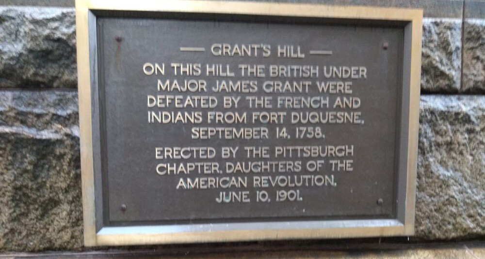 A memorial at the Allegheny County Courthouse in Pittsburgh recognizes the 1758 defeat of the British by French and Indian forces. (Photo via legion.org/memorials)