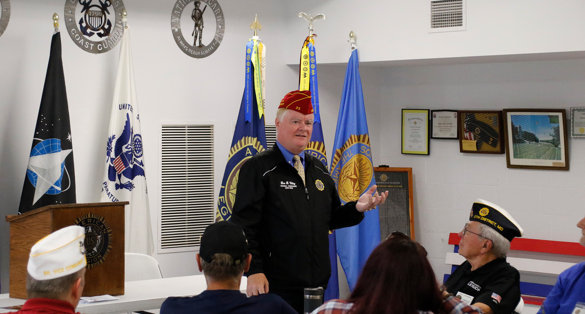 The commander speaks with members at Lewis French Post 604.