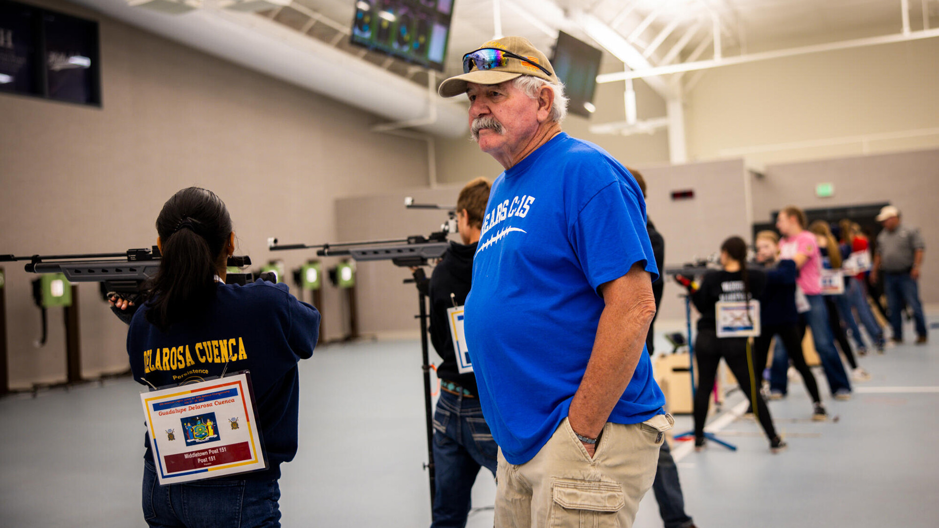Thomas Willard of Post 151 in Middletown, NY., talks with his competitors during the 2026 American Legion Junior 3-Position Air Rifle National Championship in Hillsdale, Mich. Photo by Chet Strange
