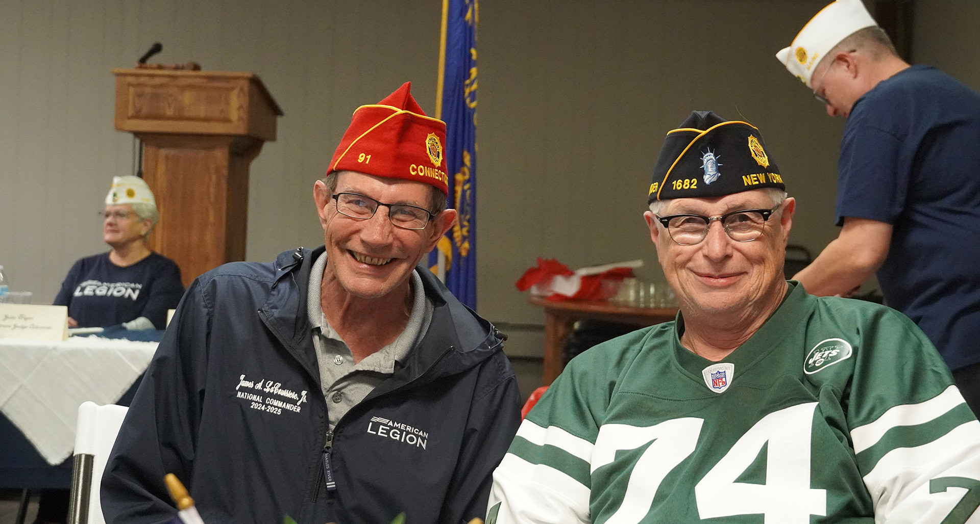 National Commander LaCoursiere visits with Past National Commander Jim Troiola at Alden M. Gayton American Legion Post 31 in Auburn, Maine