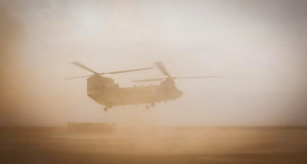 A U.S. Army CH-47 Chinook helicopter lands during a training mission at Al-Tanf Garrison in Syria. (U.S. Army photo)