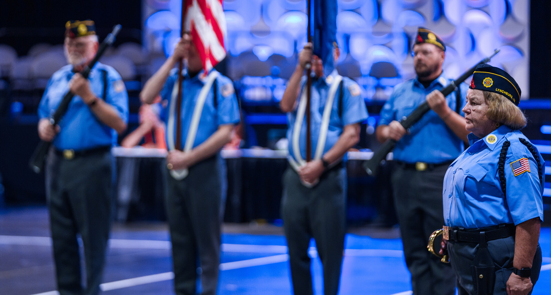 Post 16 of Lynchburg, Va., performs at the 2025 Color Guard Competition in Tampa. (Photo by Jennifer Blohm/The American Legion)