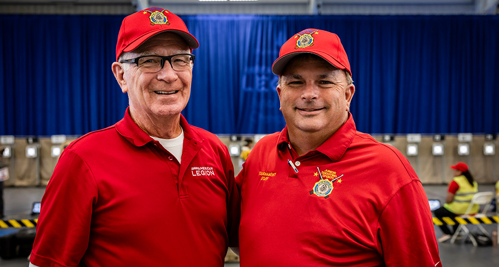 Past National Commander Paul Dillard and Past Sons of The American Legion Commander Neal Warnken lead the Legion’s air rifle championship. Photo by Chet Strange/The American Legion
