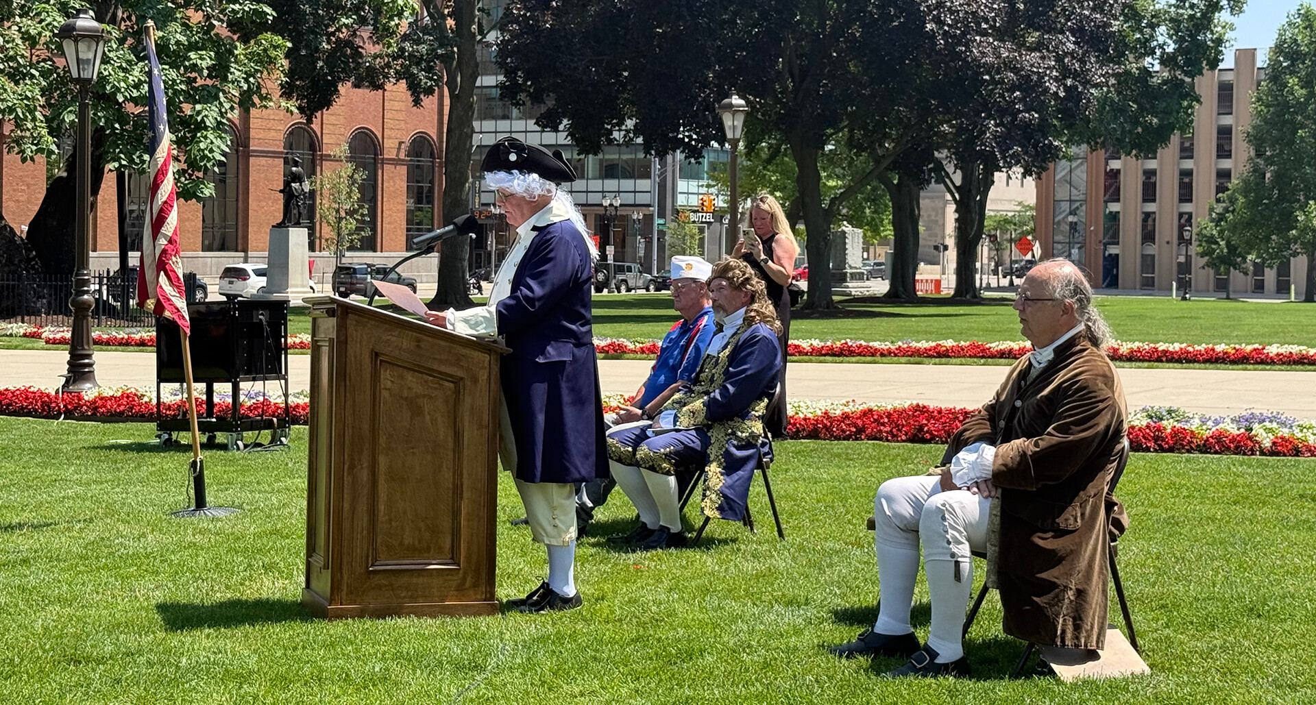 Brett Holt portrays Col. John Nixon in reading the Declaration of Independence on July 8 in Lansing, Mich.