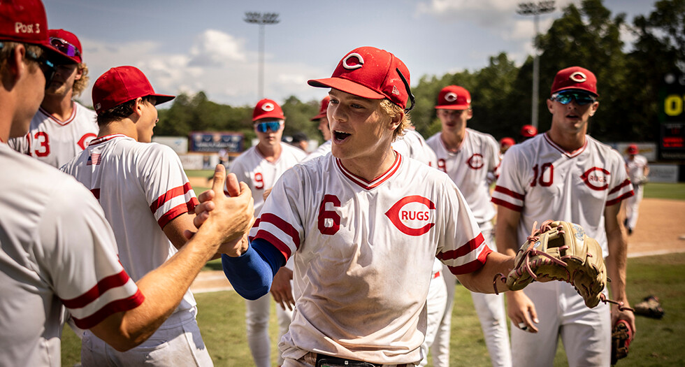 Brodie McIntire of Lincoln, Neb. Carpet Land Post 500 celebrates his team’s win in Game 10 of the 2026 American Legion World Series. Photo by Chet Strange