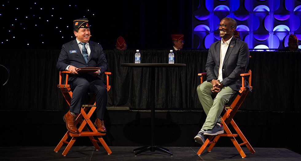 American Legion VA&R Director William Call and Oracle Health’s Dr. James Ellzy discuss EHR deployment during&nbsp; The 107th National Convention. Photo by Jennifer Blohm/The American Legion