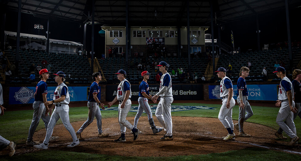 Tupelo, Miss. Post 49 and Whitehouse, N.J. Post 284 congratulate one another after Game 4 of the 2026 American Legion World Series. Photo by Chet Strange