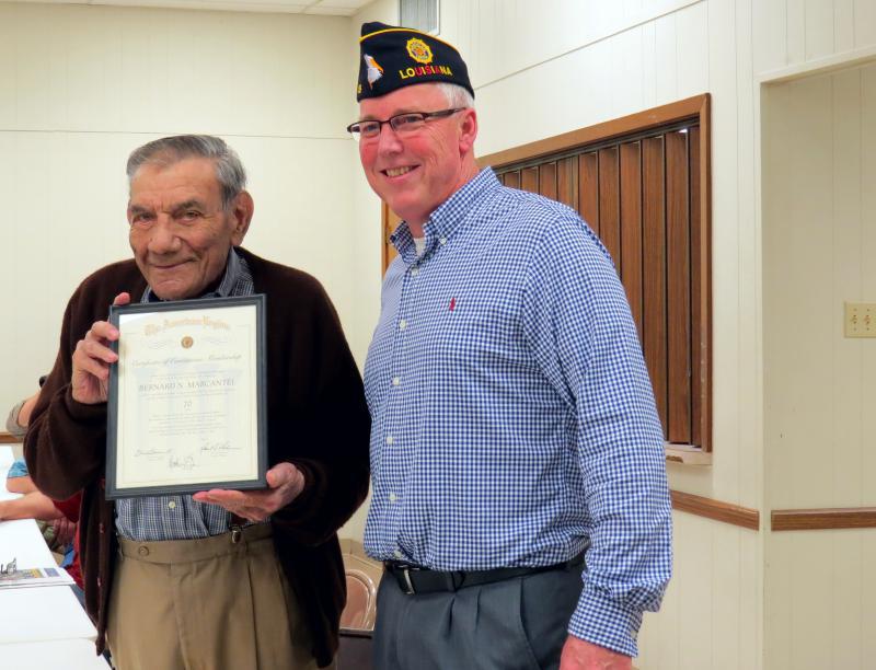 70-Year American Legion Membership Certificate awarded to Marcantel
