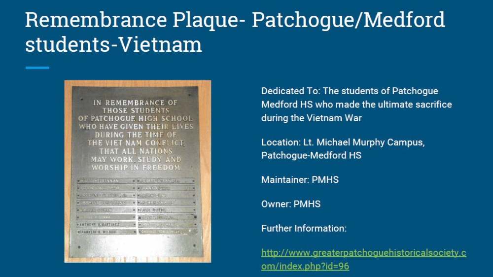 Remembrance Plaque - Patchogue/Medford Students - Vietnam