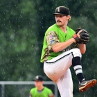 Beaux Bonvillain II of Bryant, Ark., Post 298 pitches against Henderson, Nev., Post 40 during a rainy game 13 of The American Legion World Series on Monday, August 14, 2017 in Shelby, N.C.. Photo by Matt Roth/The American Legion. 