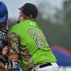 Garrett Giles of Henderson, Nev., Post 40 collides with first baseman Brandon Hoover of Bryant, Ark., Post 298 during game 13 of The American Legion World Series on Monday, August 14, 2017 in Shelby, N.C.. Giles was safe at first and the umpire ordered both baserunners to advance one base. Photo by Matt Roth/The American Legion. 