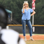 Miss America Savvy Shields points to catcher Cam Morrison of Randolph County, N.C., Post 45 before throwing out the first pitch of game 12 of The American Legion World Series on Sunday, August 13, 2017 at Veterans Field at Keeter Stadium in Shelby, N.C. Photo by Matt Roth/The American Legion.