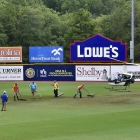 Dr. Stephen Jones helped the grounds crew dry off the Veterans Field outfield with his helicopter  Tuesday, August 15, 2017 in Shelby, N.C.. A massive storm delated game 14 of The American Legion World Series between Randolph County, N.C., Post 45 and Omaha, Neb., Post 1 Monday evening. Photo by Matt Roth/The American Legion. 