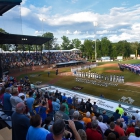 A garrison flag is unfurled during the national anthem before Henderson, Nev., Post 40 face off against Omaha, Neb., Post 1 for the championship game of The American Legion World Series on Tuesday, August 15, 2017 in Shelby, N.C.. Henderson, Nev., beat Omaha, Neb., 2-1 becoming the 2017 ALWS Champions. Photo by Lucas Carter/The American Legion.