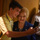 Maximino Manzanares of Santa Fe, N.M. takes a photo with Holocaust survivor Nesse Godin after she spoke to the American Legion Boys Nation delegates on Thursday, July 27, 2017. Photo by Lucas Carter / The American Legion.