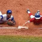 Omaha, Neb., shortstop Zach Luckey slides safely into third in game 2 of The American Legion World Series on Thursday, August 10, 2017 in Shelby, N.C.. Photo by Matt Roth/The American Legion.