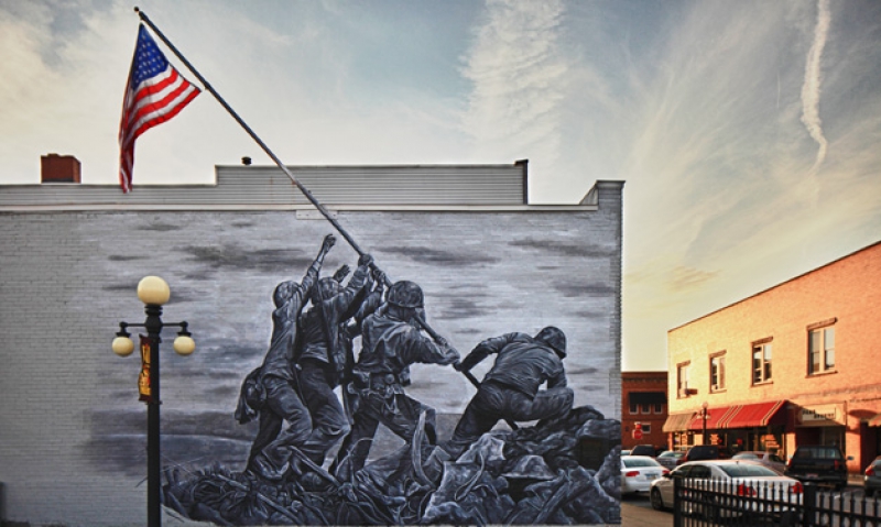 48-star flag soars above Iwo Jima mural